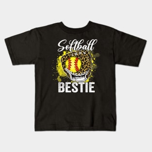 Softball bestie leopard glove game Kids T-Shirt